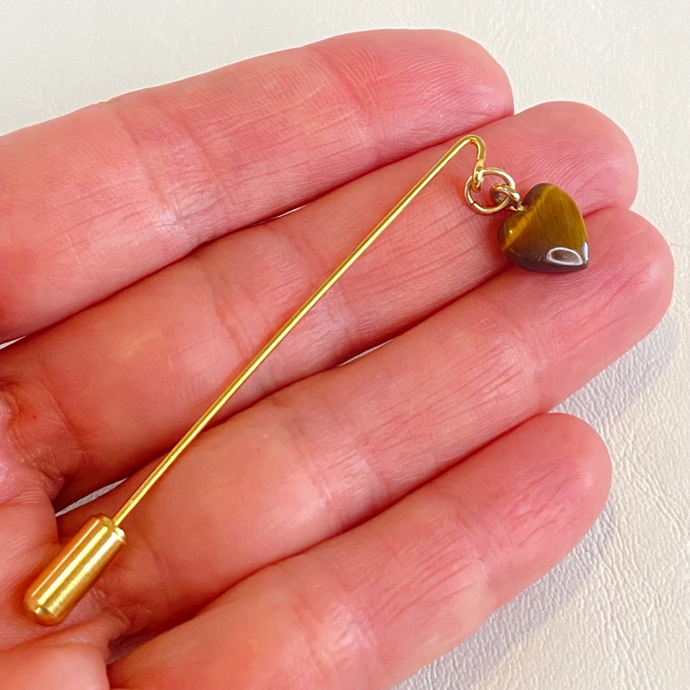 Vintage Stick Pin‎ Gold Tone Heart Tigers Eye Gemstone Lapel Hat Accessory